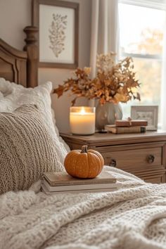 a pumpkin sitting on top of a bed next to a book and a lit candle