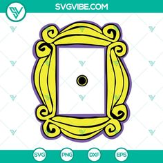 a yellow and purple frame with a black button in the center on a white background