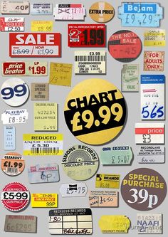 a bunch of different types of stickers and tags on a gray background with the words chart 99 99