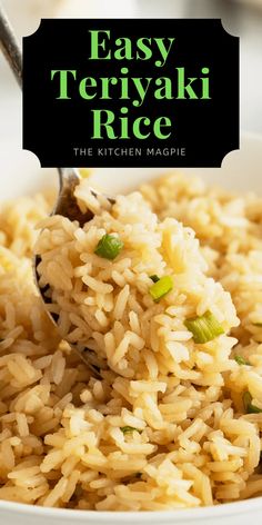 an easy teriyaki rice recipe in a white bowl with the title overlay