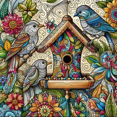 a birdhouse with birds and flowers on it's side, painted in bright colors