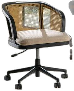 an office chair with a cushion on the back and wheels, in front of a white background