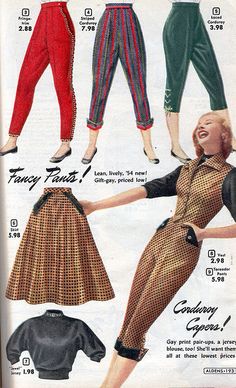 Aldens 1953 vintage fashion catalogue capri pants outfit suit skirt sweater knit red green tan black stripe velvet 50s era rockabilly style Capri Pants Outfits, Celana Jogger Wanita, Outfit Suit, Skirt Sweater, Vintage Wardrobe, Rockabilly Fashion