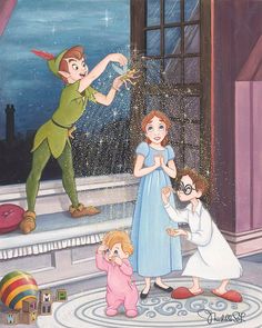 a painting of three children playing in front of an open window with the wizard and his friends