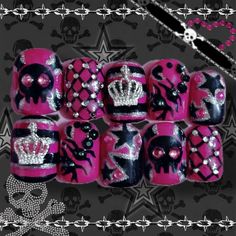 Shop pinkstyle00s's closet or find the perfect look from millions of stylists. Fast shipping and buyer protection. Hot pink skull bling y2k nails Custom made nails by me! Dm after purchasing to get custom sizing Takes one to two days to make after purchase Can change shape if requested Pink Black Nails, Abbey Dawn, Skull Nails, Funky Nail Art, Hippie Nails, Punk Nails, Hot Pink Nails, Goth Nails, Y2k Nails