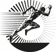 a running man with sunbursts in the background, black and white illustration