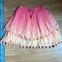 Nwt- Missing One Tassel At The Waist Which Is Not Noticeable. Ombr Pink And Orange With Pom Poms! Layered Skirt, Pink Ombre, Pom Poms, Orange Pink, Pink Orange, Color Orange, Pink And Orange, Tassels, Pom Pom