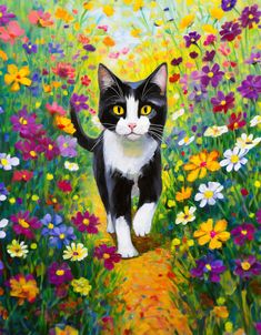 a painting of a black and white cat walking through a field of wildflowers