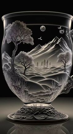 a glass bowl with trees and mountains in it