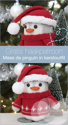 a crocheted penguin with a santa hat and scarf is shown in front of a christmas tree