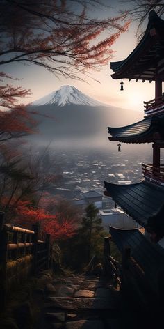 a view of a mountain with red leaves on the trees and in the foreground there is a pagoda