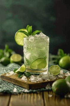 a glass filled with ice and limes sitting on top of a wooden cutting board