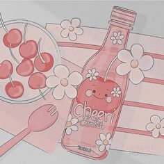 a bottle of cherry juice next to a bowl of cherries and spoons on a table