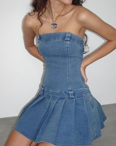 Image of Pajaya Denim Bandeau Mini Dress in Blue Wash Low Waist Belt, Bandeau Mini Dress, Knife Pleated Skirt, Denim Pleated Skirt, Pleated Denim Skirt, Knife Pleat, Party Dress Long Sleeve, Bandeau Dress, Denim Mini Dress