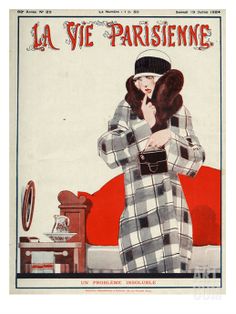 a woman in plaid coat and hat standing next to a red couch with her hands on her chest