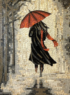 a woman with an umbrella walks through the woods on a mosaic tile flooring pattern