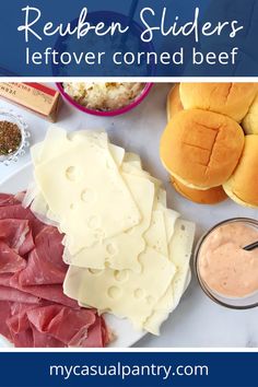 array of ingredients for Reuben sliders including corned beef, swiss cheese, sauerkraut, Thousand Island dressing and slider buns. Beef Bake, Reuben Sliders, Classic Reuben Sandwich, Corned Beef Reuben, Reuben Sandwich Classic, Reuben Sandwiches, Corned Beef Sandwich, Thousand Island