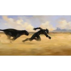 two black dogs running in the desert with one chasing after another dog that has just taken off