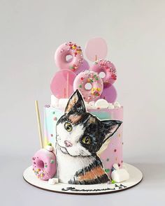 a cake decorated with donuts and a cat's face is shown in this image