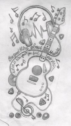 a drawing of a guitar with music notes and musical symbols on it's back