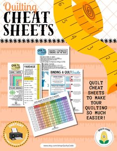 a poster with the words quilting, sewing and crafting on it's side