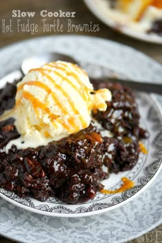 a close up of a plate of food with ice cream