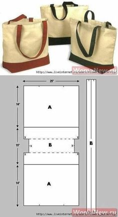 the sewing pattern for two tote bags is shown in three different sizes and colors