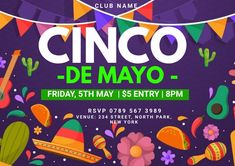 the cinco de mayo flyer is shown in purple and green with colorful objects around it