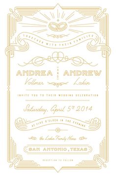 an art deco wedding card with gold foil