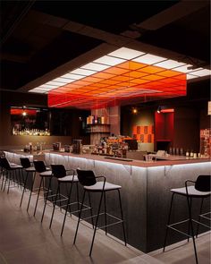 an empty bar with several stools in front of it