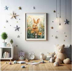 a rabbit is sitting in the middle of a room with flowers and stars on the wall