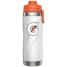 the gatorade water bottle with an orange lid is shown on a white background