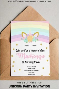 an unicorn birthday party card with the text join us for a magical day and it's turning two