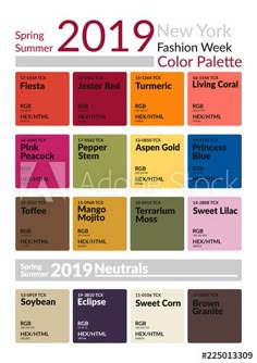 the 2019 london fashion week color palette is shown in various colors and sizes, including red,