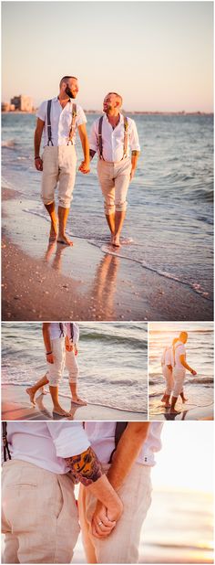 two men are walking on the beach with their hands in each other's pockets