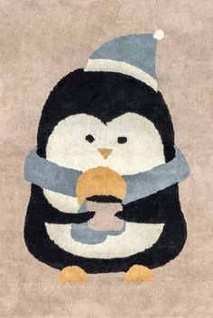 a rug with a penguin wearing a hat and scarf