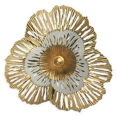 a gold and white flower shaped object on a white background