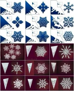 several snowflakes are shown in different shapes and sizes, including one that has been cut