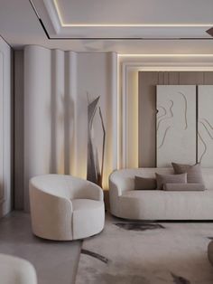 a modern living room with white furniture and art work