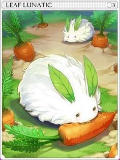 a card with an image of a bunny and carrots on the ground next to each other