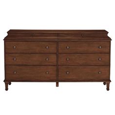 a brown dresser with many drawers and knobs on the bottom drawer, against a white background