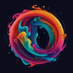 an abstract design with colorful paint and water on a black background that looks like the letter o