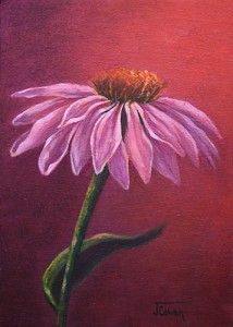 a painting of a purple flower on a red background