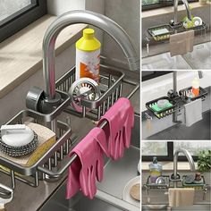 the sink is filled with cleaning supplies and dishes to be used as drying racks for dishes