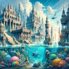 an underwater scene with many different types of buildings and animals in the water, as well as corals