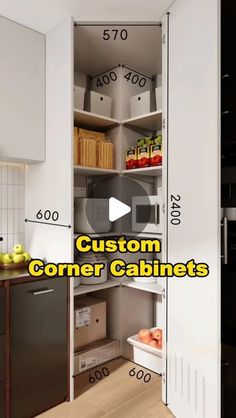 an image of a kitchen with the words custom corner cabinet's in front of it