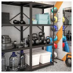 a rack with kettles, water bottles and other sports equipment on top of it