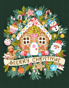 a merry christmas card with a ginger house surrounded by holiday decorations and candy canes