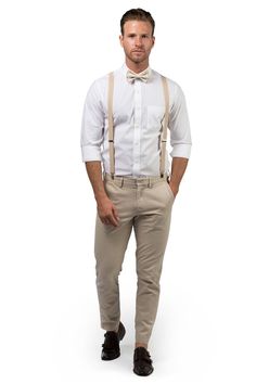 "Look your best at the wedding, Quinceañera, prom, homecoming, in family and engagement photos, at parties or even on the red carpet! These IVORY CREAM BOW TIE and BEIGE SUSPENDERS make a great groom, groomsmen and ring bearer outfit. For MEASUREMENT DETAILS, see a measurement chart in the photos. BOW TIE * Pre-tied which makes it very easy to wear. It will keep its perfect shape throughout the event and won't look droopy. * Made out of matte NO shiny fabric. * Baby size is made with a velcro cl Royal Blue Bow Tie, Peach Bow Tie, Beige Bow Tie, Costume Beige, Navy Bow Tie, Beige Hose, Burgundy Bow Tie, Brown Bow Tie, Gold Bow Tie