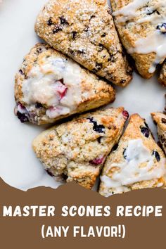 a white plate topped with scones covered in blueberries